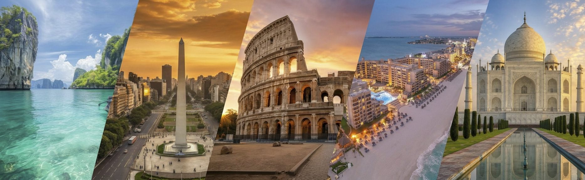 Collage de destinos: Tailandia, Buenos Aires, Roma, Caribe e India