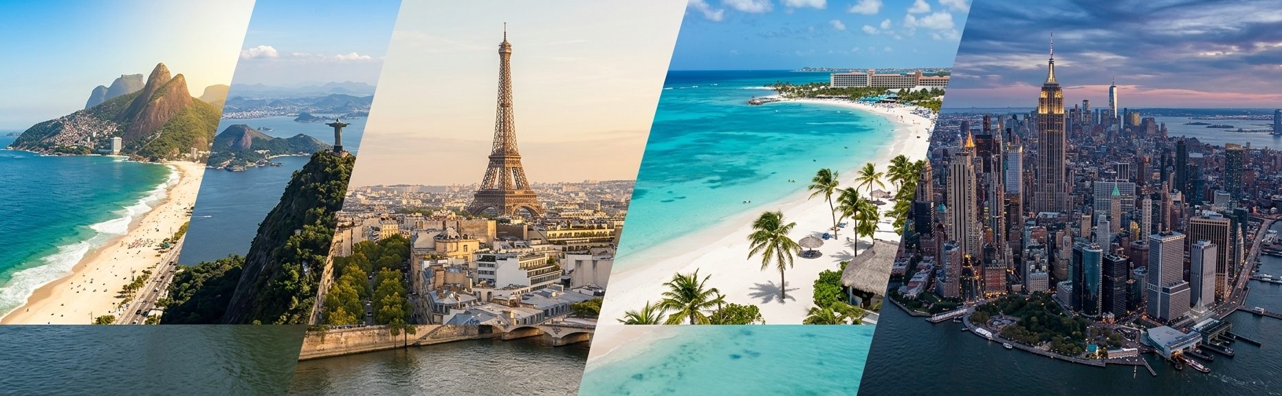Collage de destinos: Río, París, Caribe y Nueva York