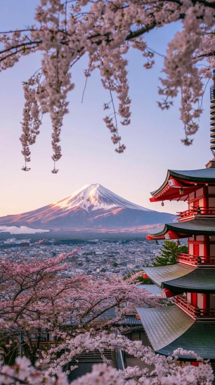 Monte Fuji con cerezos en flor y pagoda