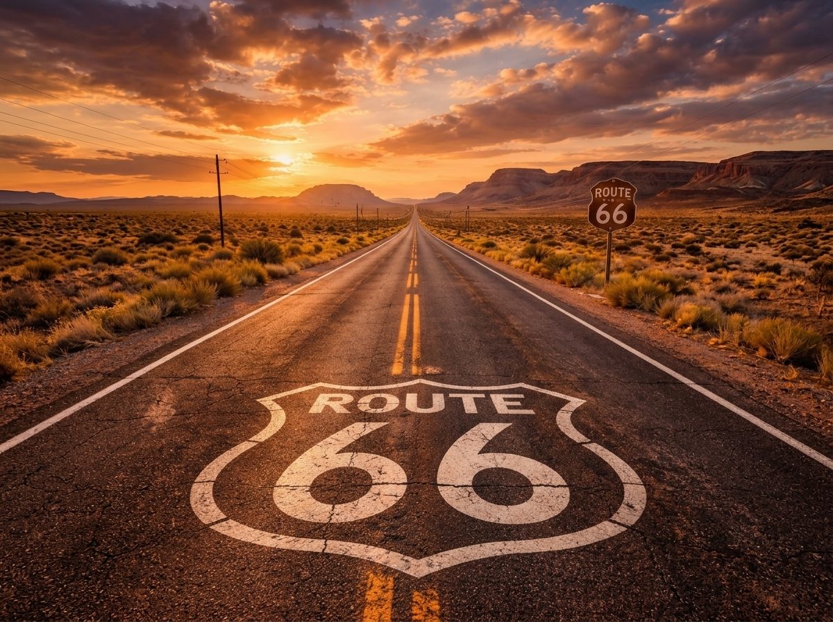 Ruta 66 al atardecer en el desierto