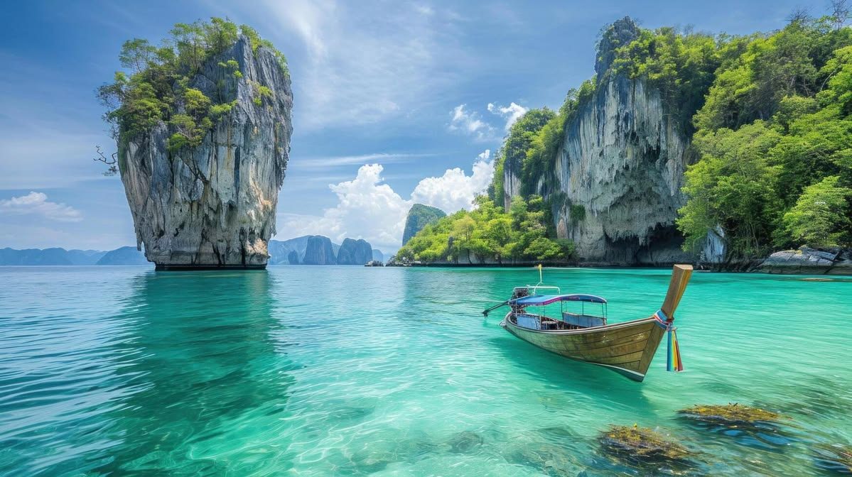 Bote tradicional en aguas turquesas de Tailandia